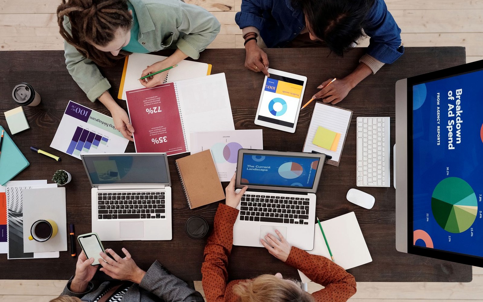 Marketing team coordinating a campaign around laptops and shared documents